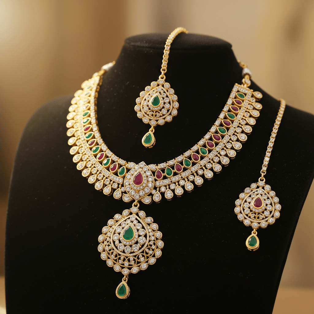 Gold plated necklace and maang tikka combo set