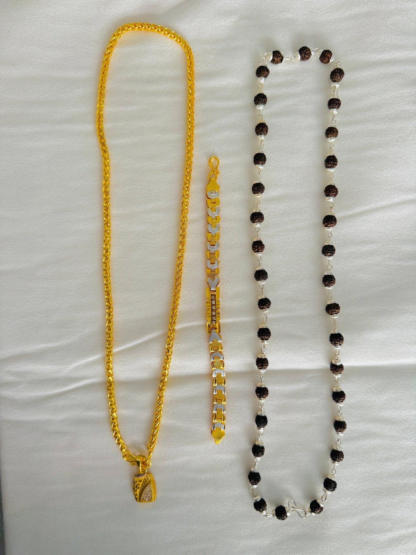 Premium Gold Plated 4 Products Combo – Designer Chain, Stylish Pendant, Two Tone Bracelet & Rudraksha Crystal Mala for Men