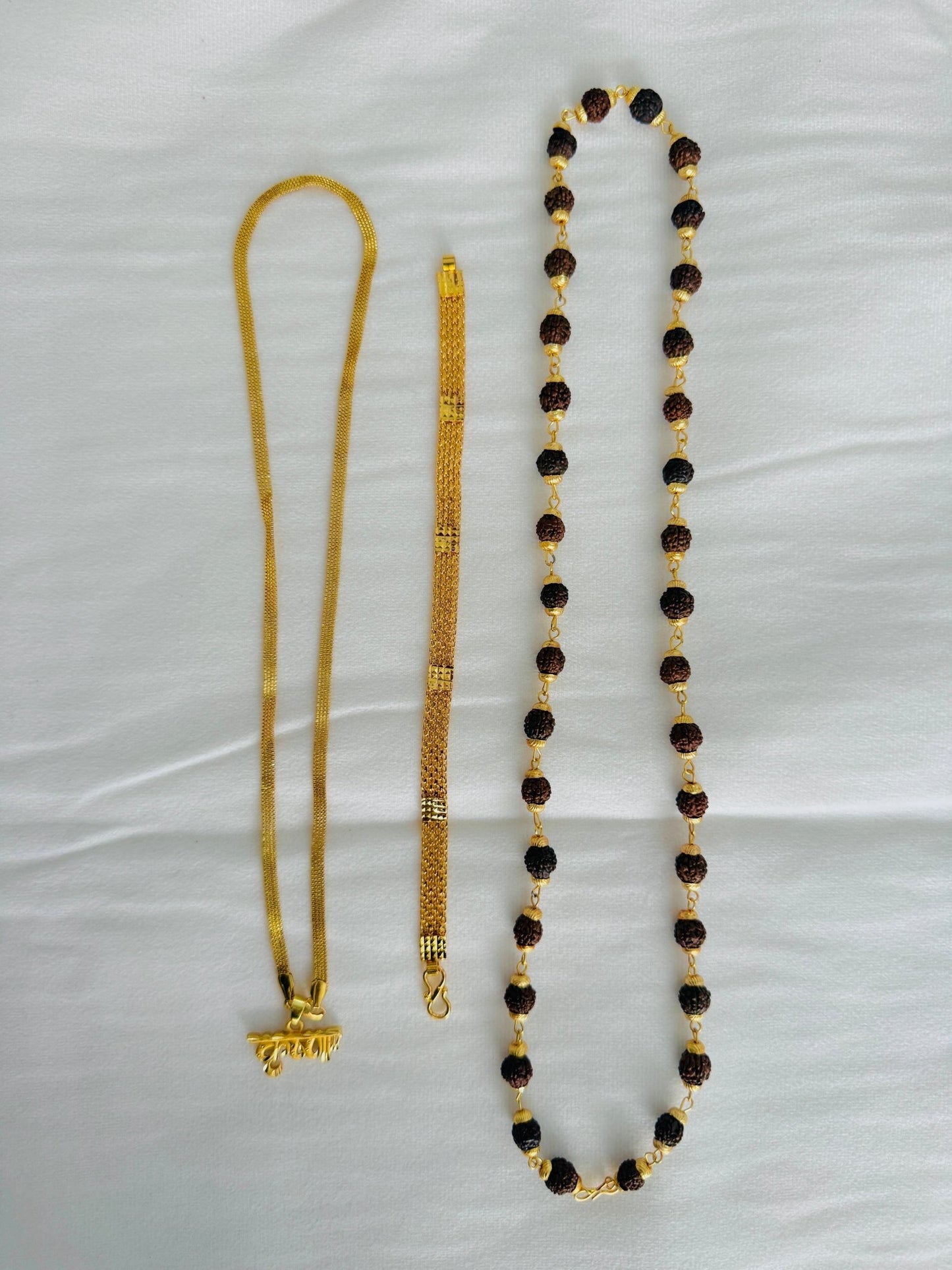 Premium Gold Plated 4 Products Combo – Krushna Name Pendant, Herringbone Chain, Gold Bracelet & Rudraksha Mala for Men