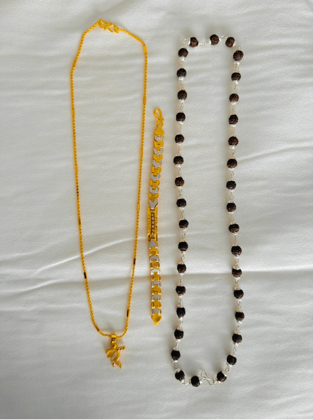 Premium Gold Plated 4 Products Combo โ Lord Krishna Flute Pendant, Black Beads Chain, Two Tone Bracelet & Rudraksha Crystal Mala for Men