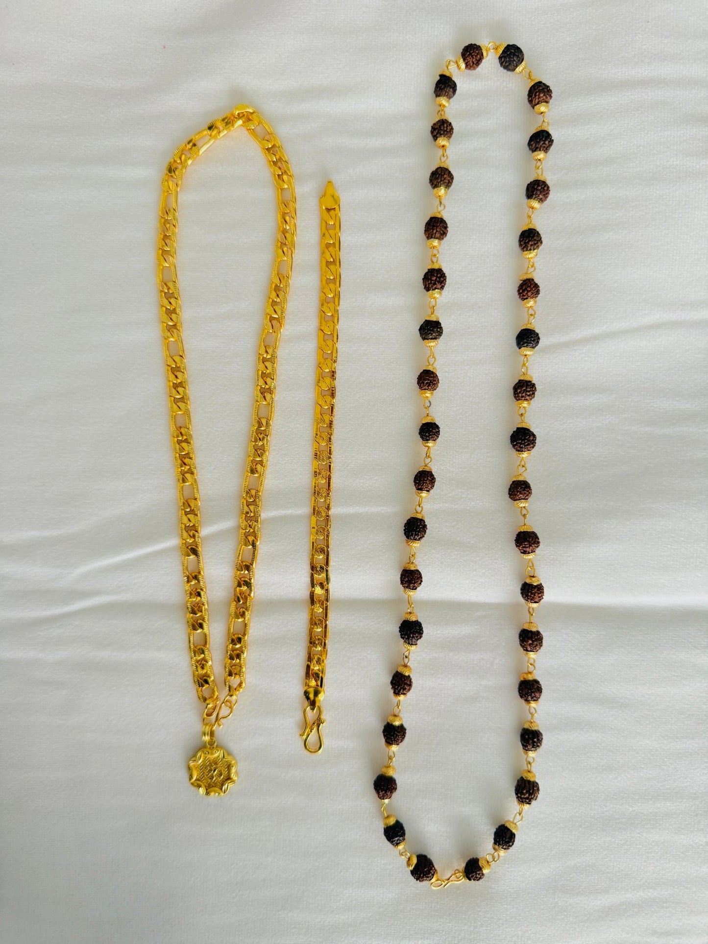 Premium Gold Plated 4 Products Combo – Om Floral Pendant, Designer Chain, Gold Bracelet & Rudraksha Mala for Men