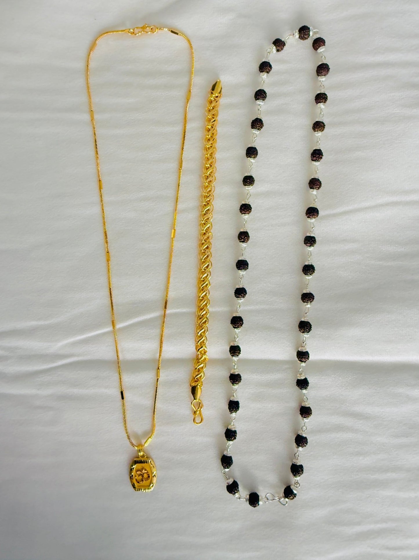 Premium Gold Plated 4 Products Combo – Om Pendant, Designer Chain, Gold Bracelet & Rudraksha Crystal Mala for Men