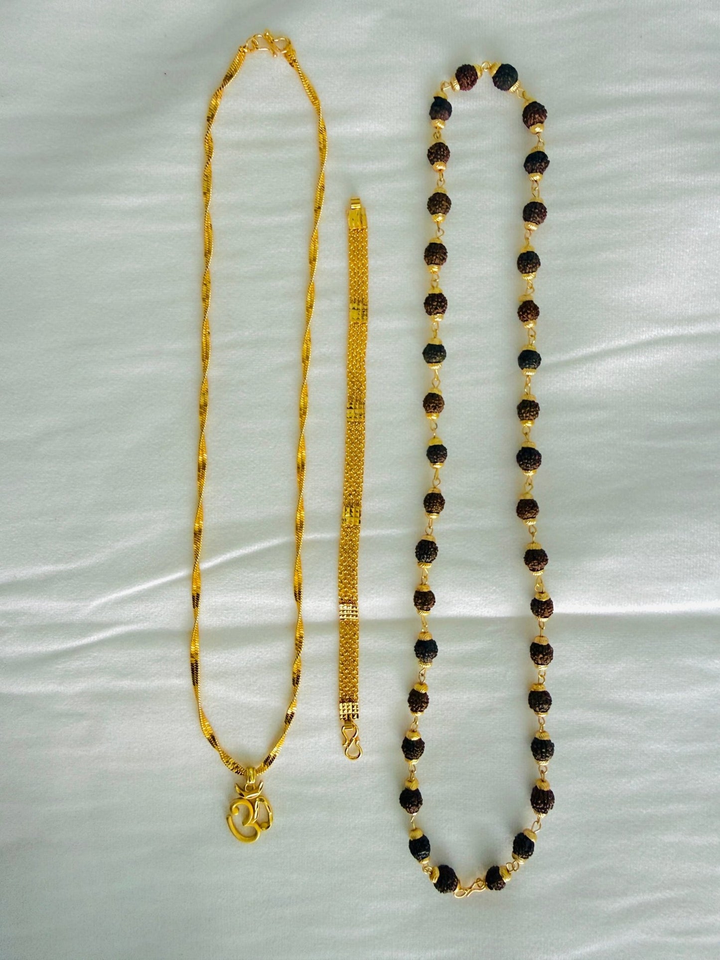 Premium Gold Plated 4 Products Combo – Om Pendant, Designer Chain, Gold Bracelet & Rudraksha Mala for Men