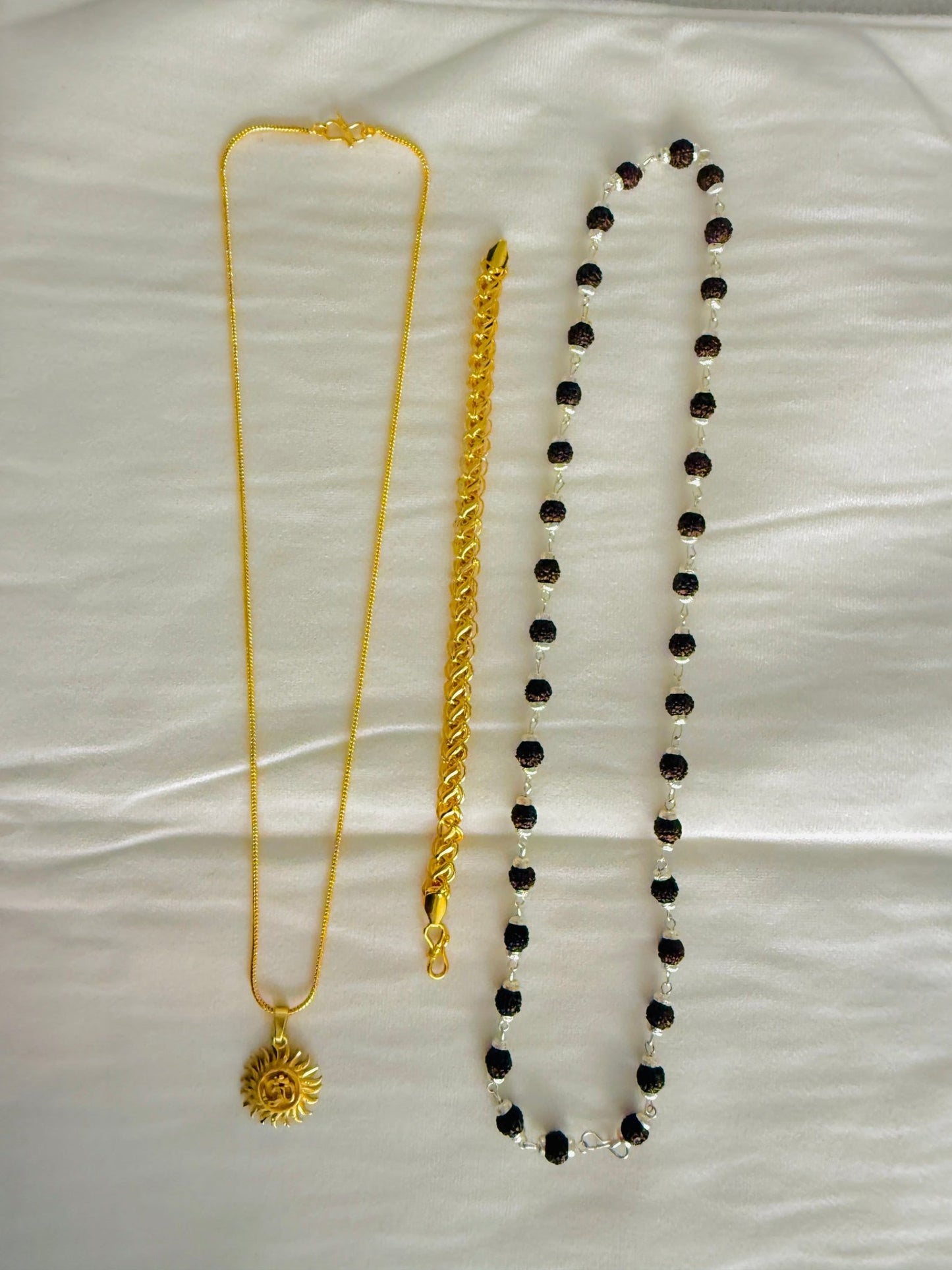Premium Gold Plated 4 Products Combo – Om Sun Pendant, Designer Chain, Gold Bracelet & Rudraksha Crystal Mala for Men