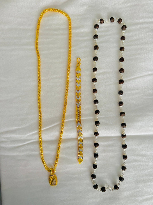 Premium Gold Plated 4 Products Combo – Designer Chain, Stylish Pendant, Two Tone Bracelet & Rudraksha Crystal Mala for Men