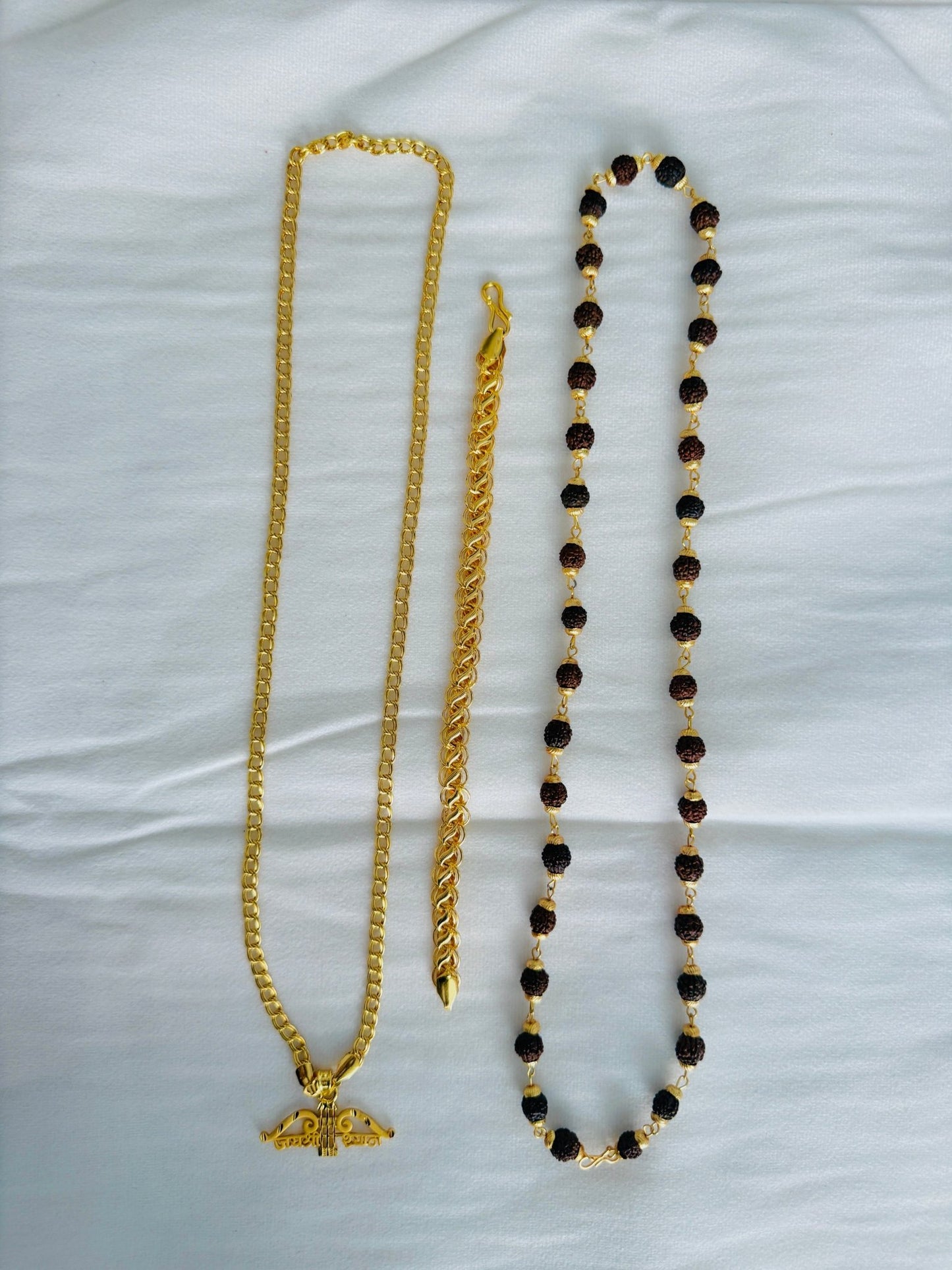 Premium Gold Plated 4 Products Combo – Jai Shree Shyam Pendant, Designer Chain, Gold Bracelet & Rudraksha Mala for Men