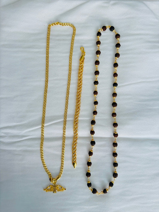 Premium Gold Plated 4 Products Combo – Jai Shree Shyam Pendant, Designer Chain, Gold Bracelet & Rudraksha Mala for Men