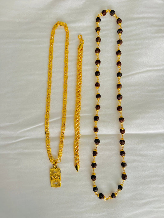 Premium Gold Plated 4 Products Combo – Krishna Text Pendant, Designer Engraved Link Chain, Gold Bracelet & Rudraksha Mala for Men