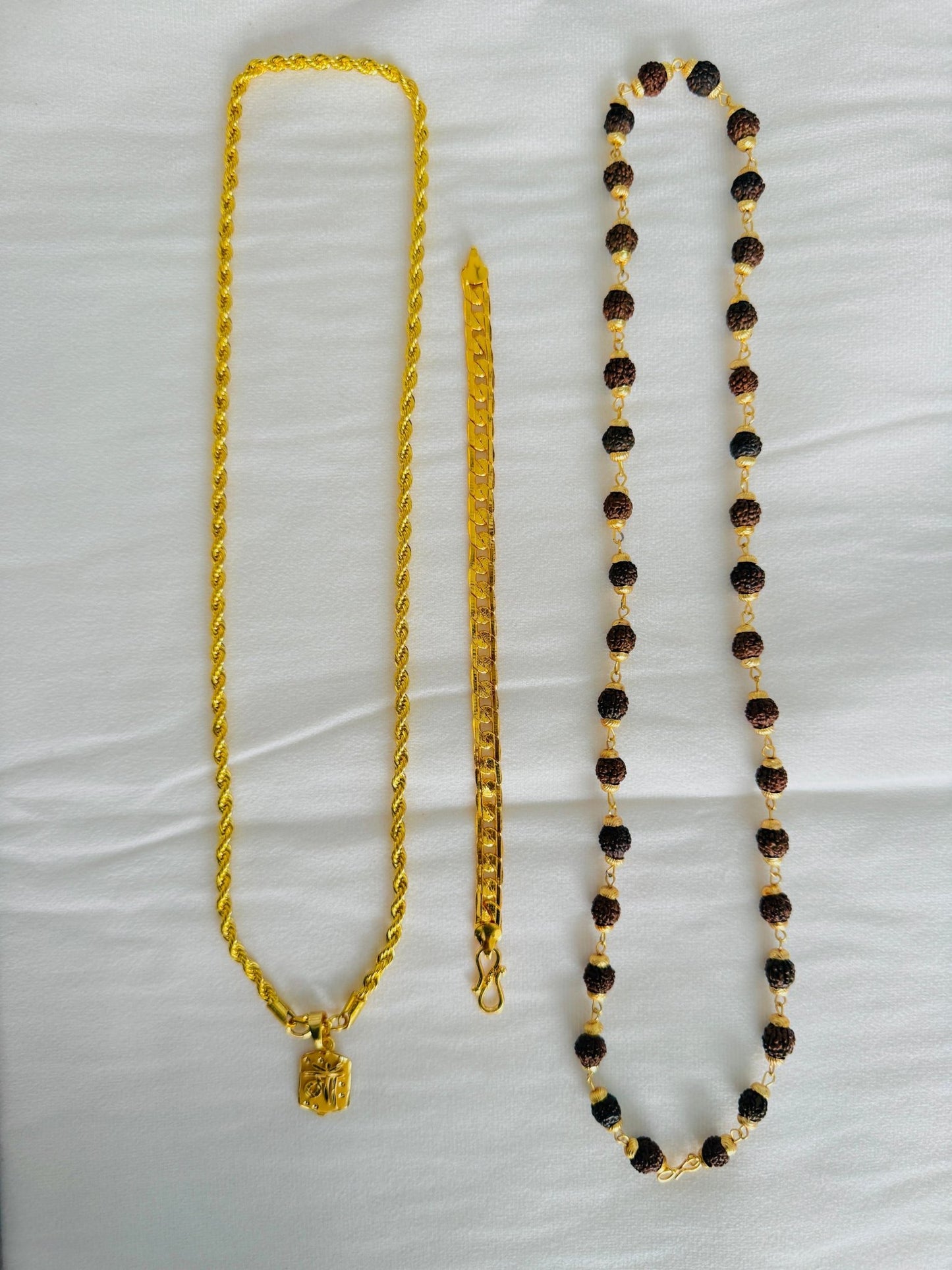 Premium Gold Plated 4 Products Combo – Maa Pendant, Twisted Rope Chain, Gold Bracelet & Rudraksha Mala for Men