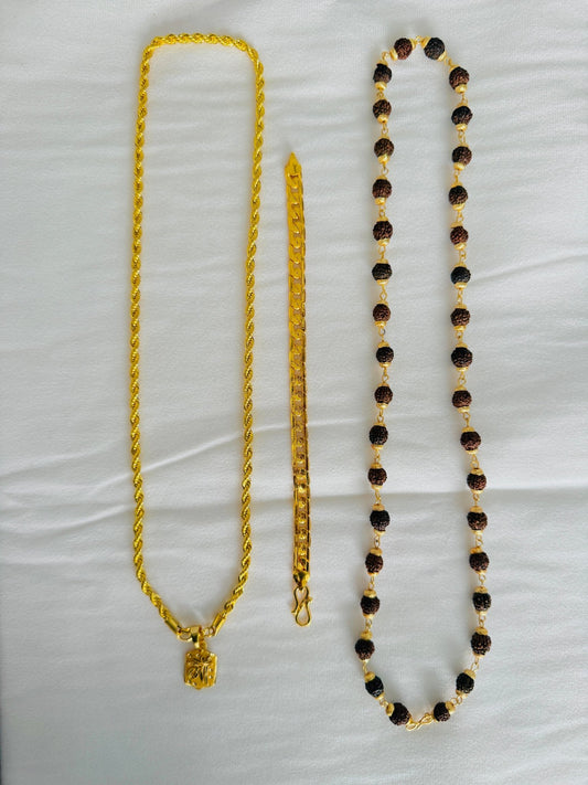 Premium Gold Plated 4 Products Combo – Maa Pendant, Twisted Rope Chain, Gold Bracelet & Rudraksha Mala for Men