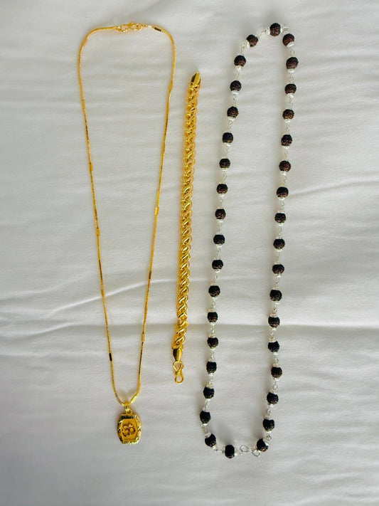 Premium Gold Plated 4 Products Combo – Om Pendant, Designer Chain, Gold Bracelet & Rudraksha Crystal Mala for Men