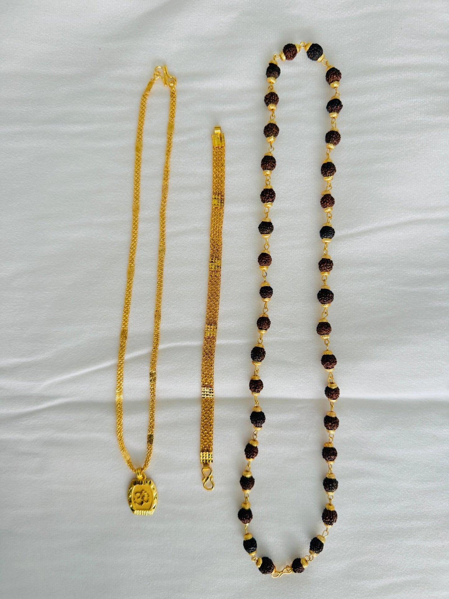 Premium Gold Plated 4 Products Combo – Om Pendant, Designer Chain, Gold Bracelet & Rudraksha Mala for Men