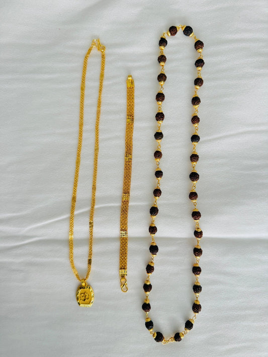 Premium Gold Plated 4 Products Combo – Om Pendant, Designer Chain, Gold Bracelet & Rudraksha Mala for Men