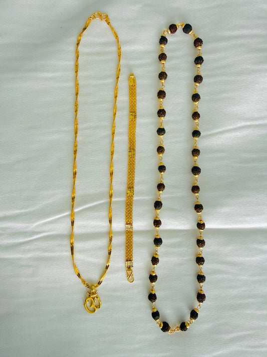 Premium Gold Plated 4 Products Combo – Om Pendant, Designer Chain, Gold Bracelet & Rudraksha Mala for Men