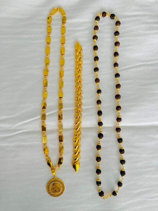 Premium Gold Plated 4 Products Combo – Round Goga Maharaj Pendant, Designer Rectangle Link Chain, Gold Bracelet & Rudraksha Mala for Men