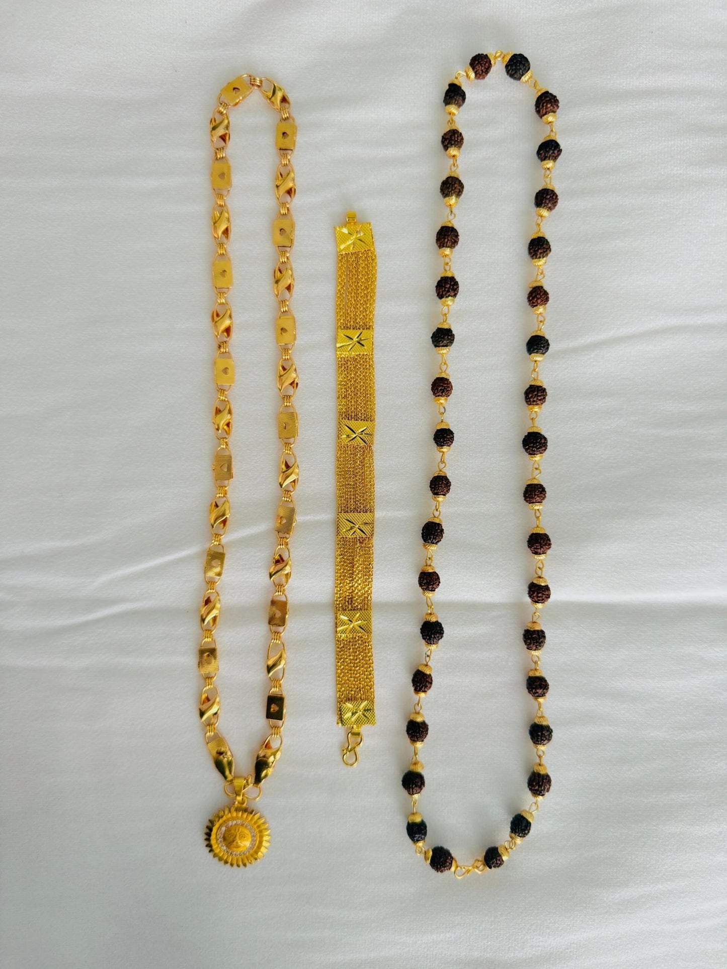 Premium Gold Plated 4 Products Combo – Sun Design Round Pendant, Designer Rectangle Link Chain, Gold Bracelet & Rudraksha Mala for Men