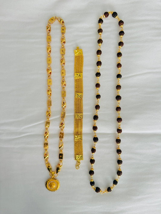 Premium Gold Plated 4 Products Combo – Sun Design Round Pendant, Designer Rectangle Link Chain, Gold Bracelet & Rudraksha Mala for Men