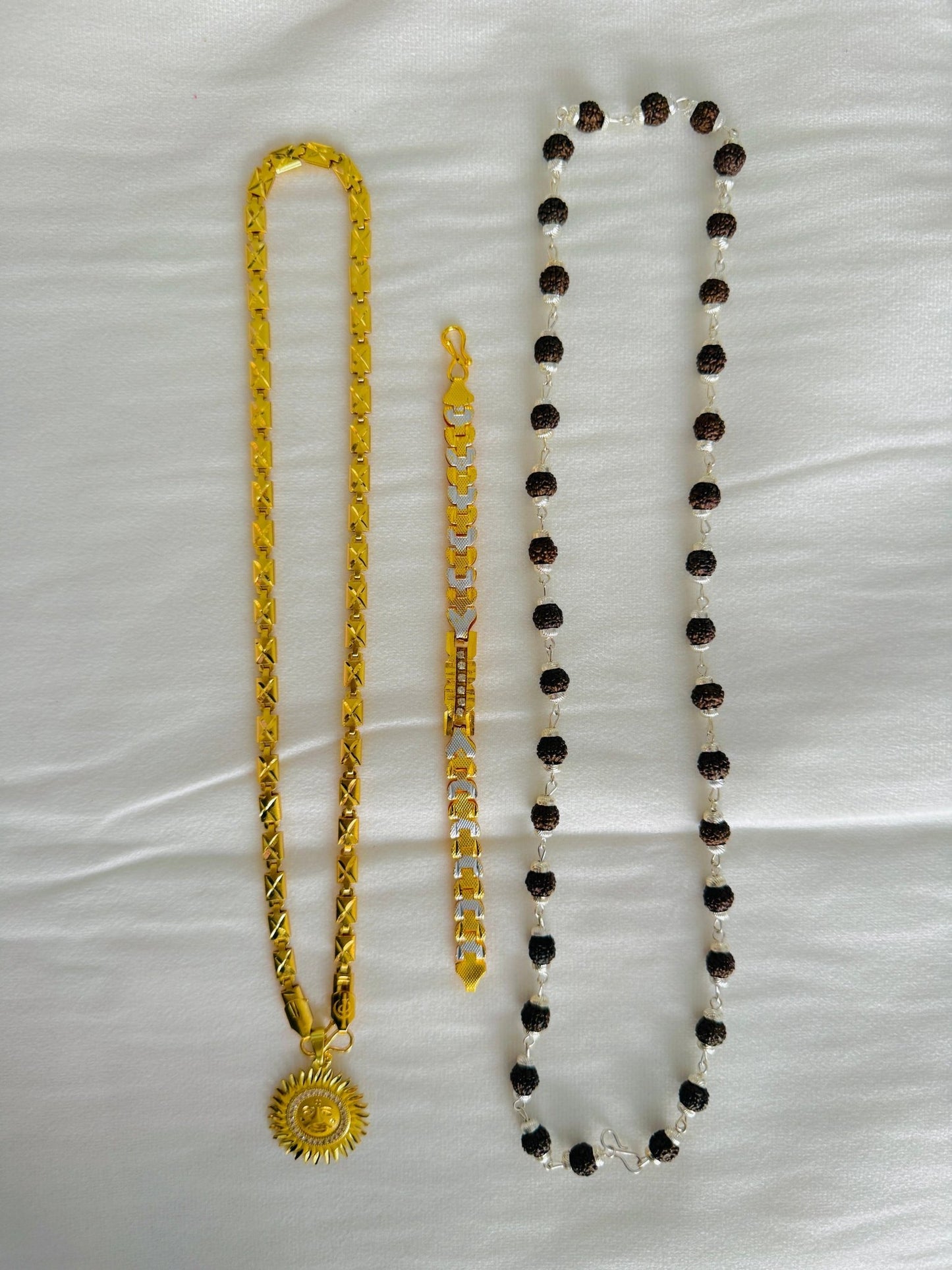 Premium Gold Plated 4 Products Combo – Sun Pendant, Designer Chain, Two Tone Bracelet & Rudraksha Crystal Mala for Men
