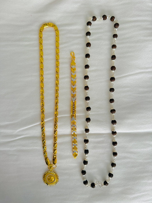Premium Gold Plated 4 Products Combo – Sun Pendant, Designer Chain, Two Tone Bracelet & Rudraksha Crystal Mala for Men